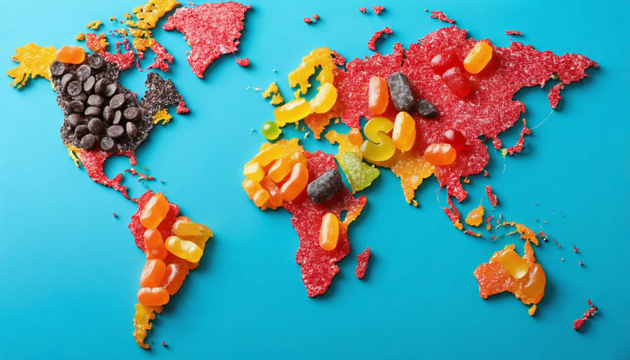 An assortment of colorful, diverse international candies displayed on a world map with SEO elements, representing the global marketing strategy for international candy brands.